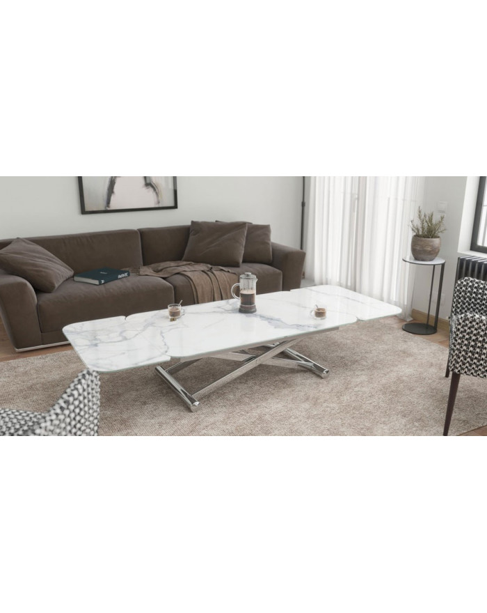 Table basse relevable et extensible Victoire - marbre blanc mat, pied chromé - 6
