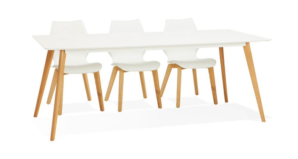 Table de repas scandinave 200 x 90 cm blanche et pieds chêne Olivia