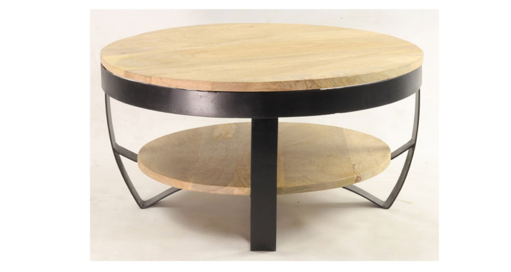 Table basse ronde industrielle diamètre 65 cm en bois et métal Marianna