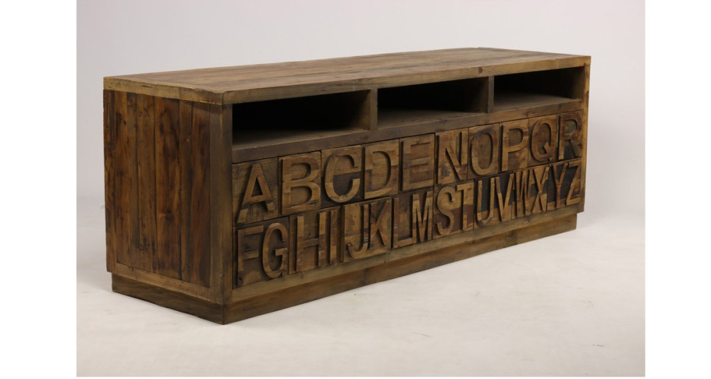 Meuble TV en bois vieilli motif lettres de l'alphabet Belstone