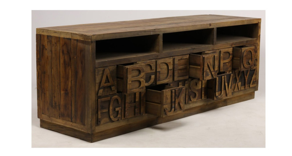 Meuble TV en bois vieilli motif lettres de l'alphabet Belstone