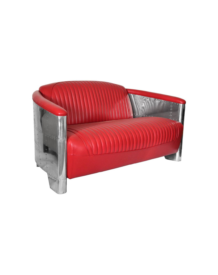 Canapé 2 places en cuir rouge et plaques d'alu Douglas