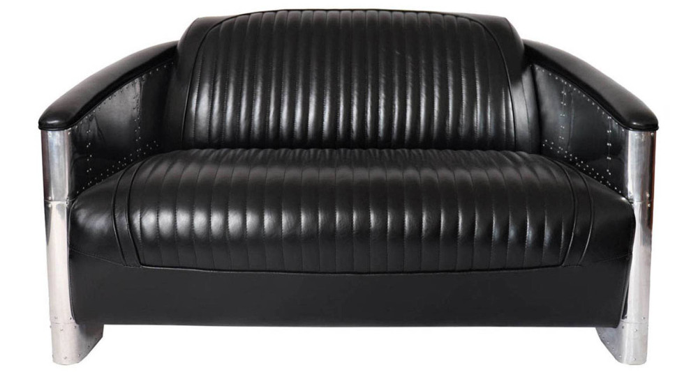 Canapé 2 places en cuir noir et plaques d'alu Douglas