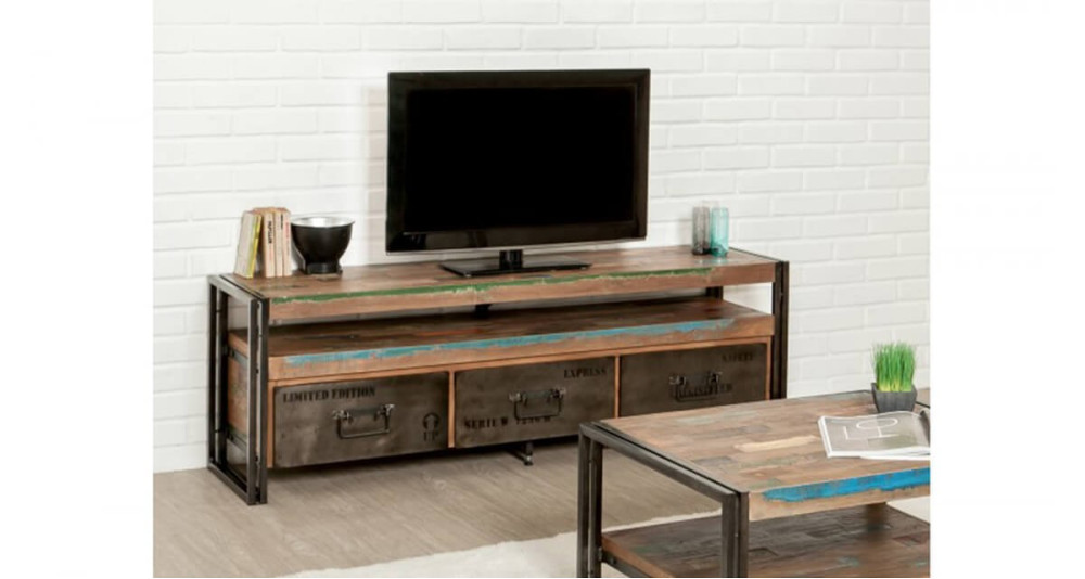 Meuble TV ethnique en bois recyclé et métal Colorada