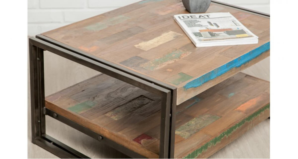 Petite table basse industrielle vintage en teck recyclé Colorada