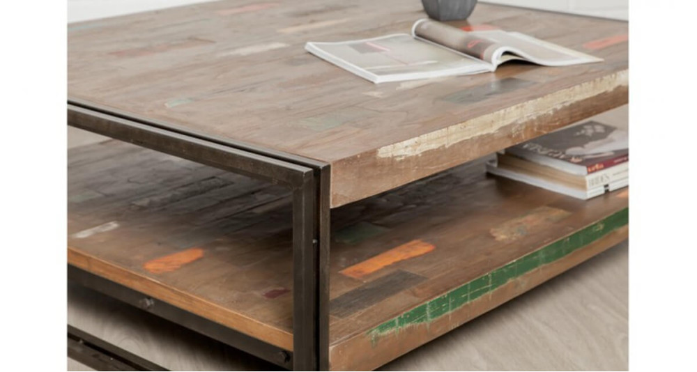 Grande table basse style récup en teck massif recyclé Colorada