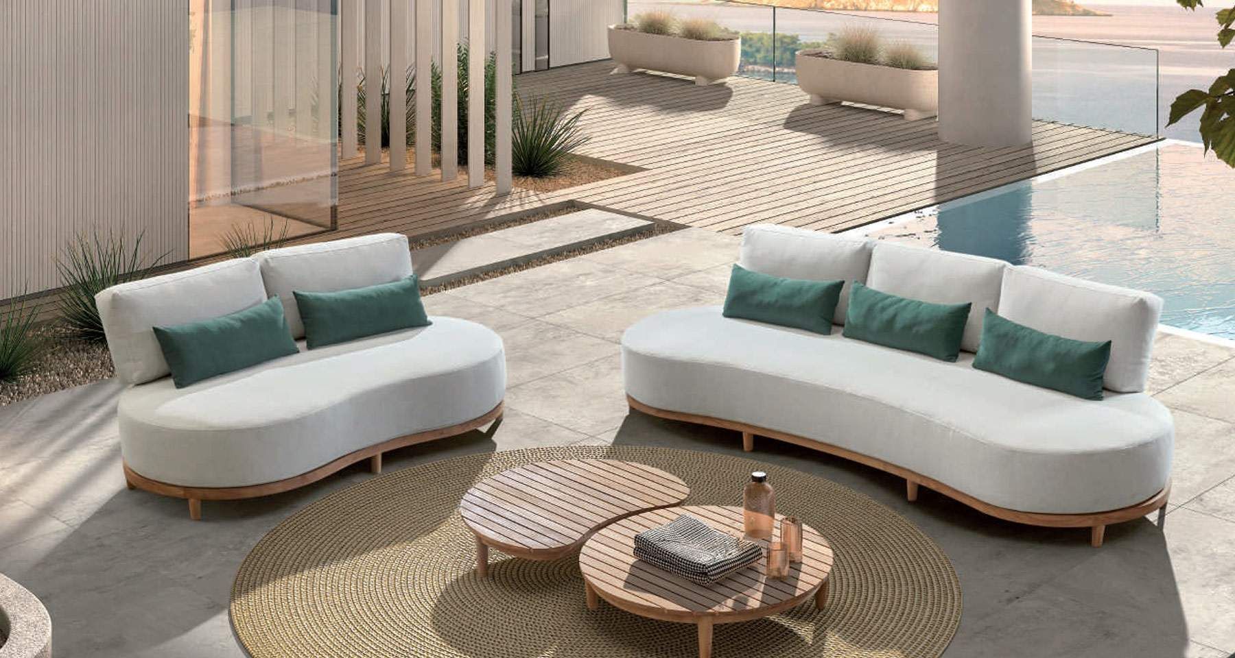 Salon de jardin arrondi tissu naturel et teck massif Santorini