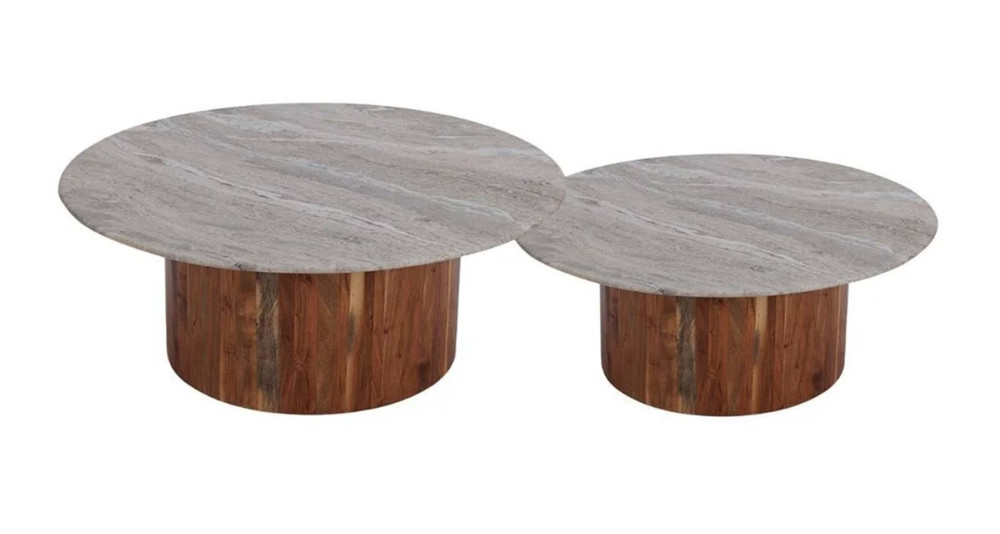 Set 2 tables basses en marbre et acacia Leone