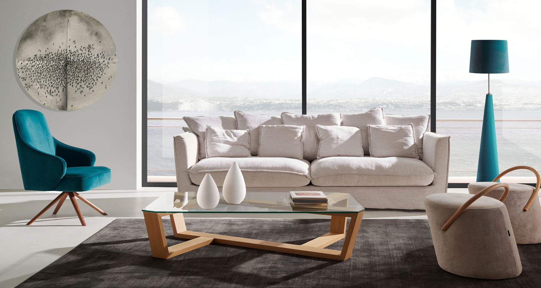 Table basse design en verre et bois chêne clair Madère