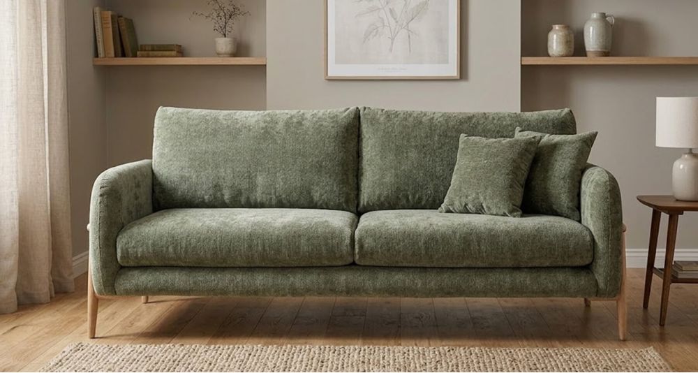 Canapé Rivano personnalisable, tissu et pieds bois élégants