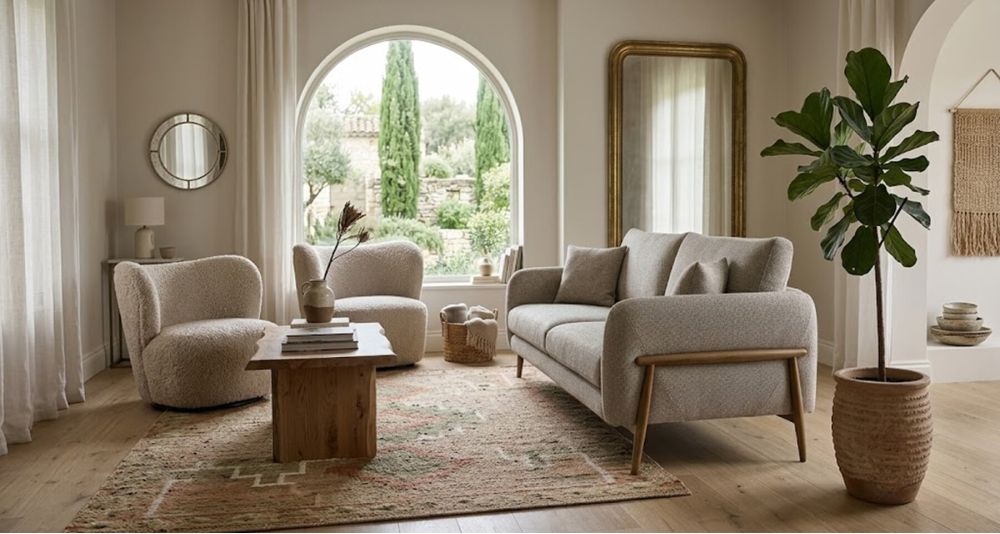Canapé Rivano personnalisable, tissu et pieds bois élégants