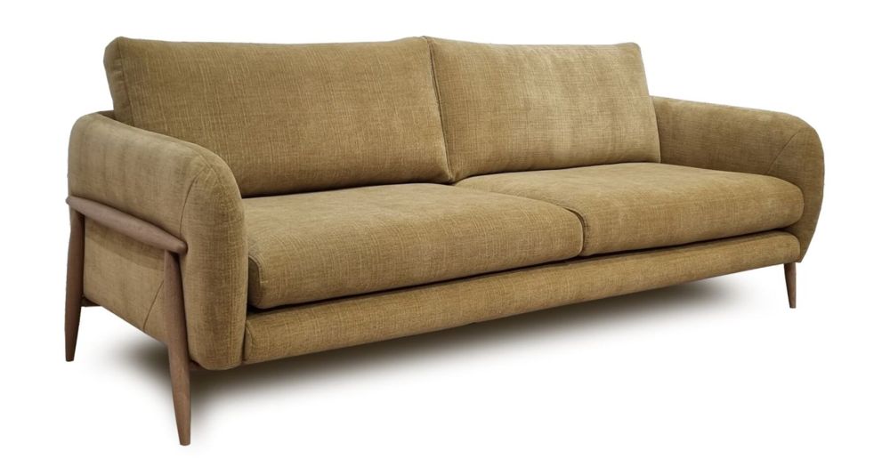 Canapé Rivano personnalisable, tissu et pieds bois élégants