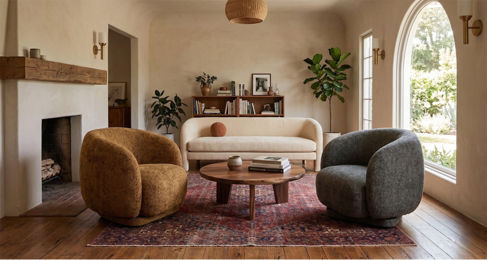 Fauteuil Moeraki rotatif en tissu, confort design enveloppant