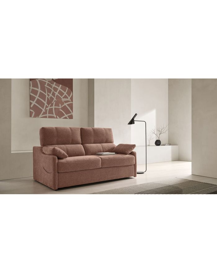 Canapé convertible compact avec poches accoudoirs Ronda - tissu rose - vue de face