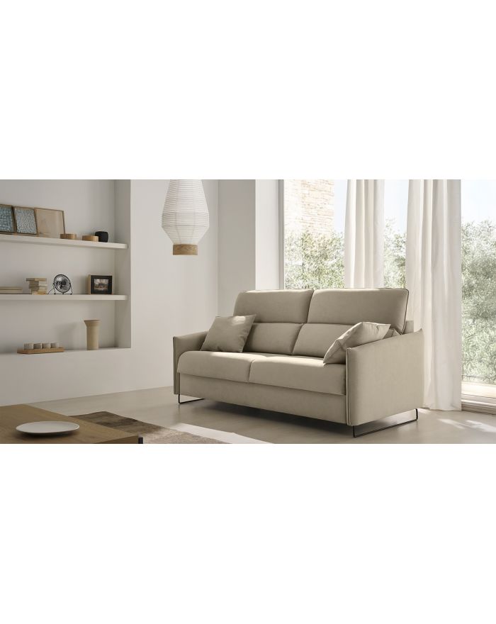 Canapé convertible dossier haut avec pieds luge Galeno - tissu beige - vue de côté - 1
