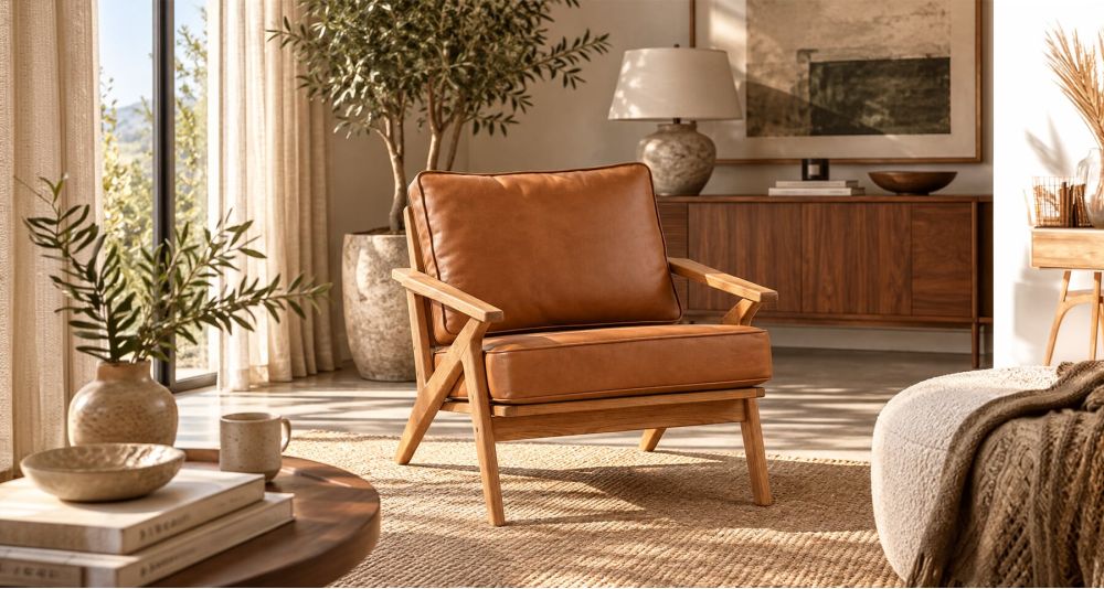Fauteuil en simili cuir camel avec structure en chêne Adam