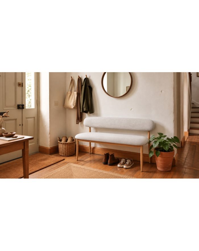 Banc 3 places avec dossier en tissu chiné Georgia - blanc - vue de côté - pieds bois clair 