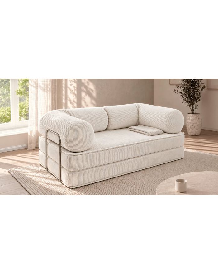 Canapé convertible 3 en 1 en velours côtelé Mova - Sofa 100 - Ecru - vue de côté - 1