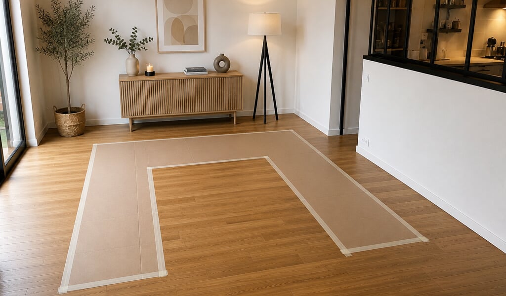 Carton au sol pour visualiser l'emplacement du canapé dans le salon Carton au sol pour délimiter l'encombrement du canapé