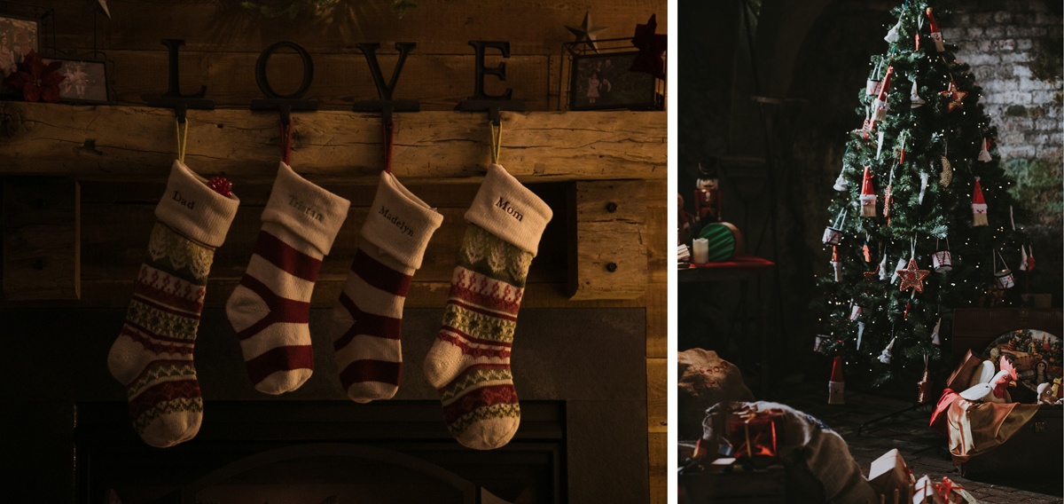 Décoration de Noël traditionnelle : chaussettes, cheminée, sapin couleurs