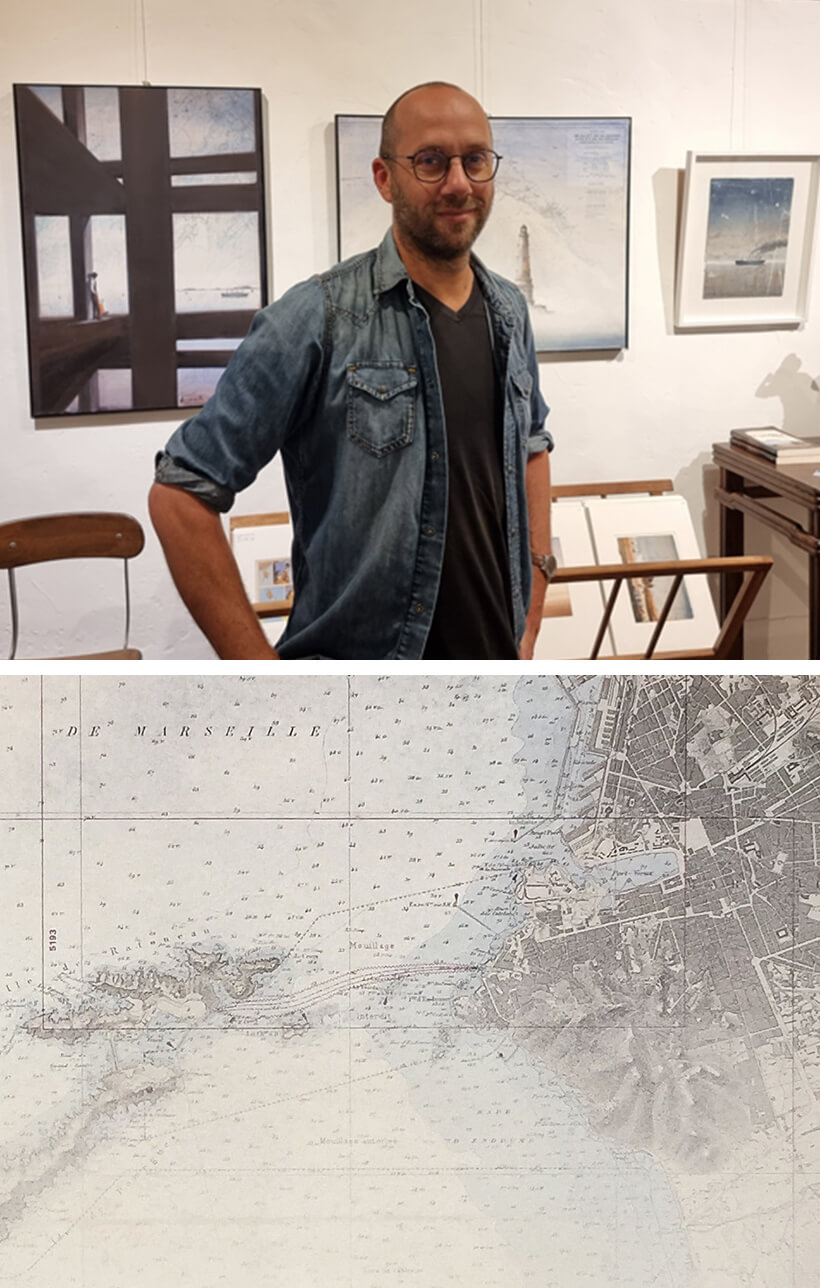 Yann Letestu artiste peintre à Marseille, peinture sur anciennes cartes marines, voyage et poésie