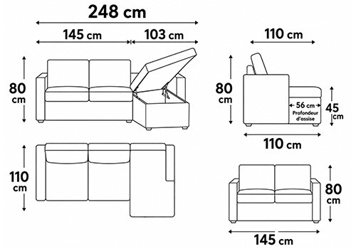 Canapé 2 places - couchage 100 + méridienne