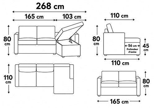 Canapé maxi 2 places - couchage 120 + méridienne