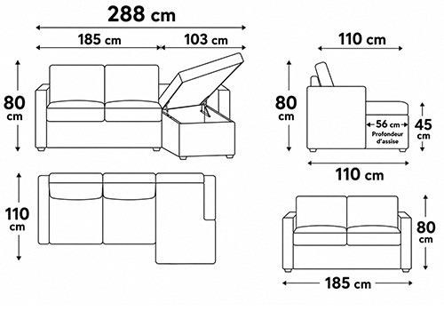 Canapé 3 places - couchage 140 + méridienne