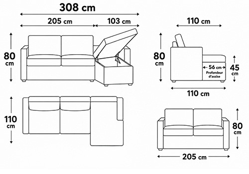 Canapé 3 places maxi - couchage 160 + méridienne