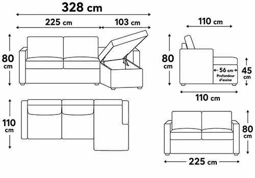 Canapé 4 places - couchage 180 + méridienne