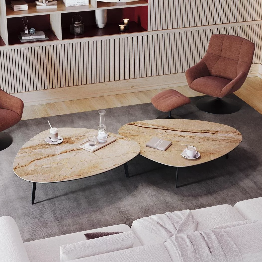 Grande table basse Galet et fauteuil Bilbao