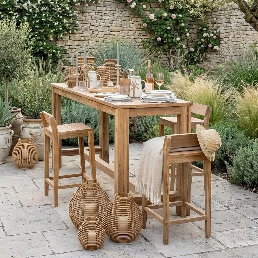 Table de bar outdoor et chaises Canggu en teck par Chehoma
