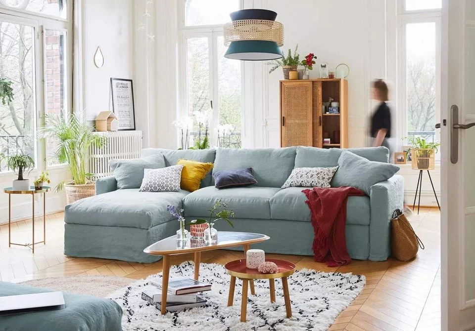 Canapé Bidart convertible en lin bleu clair